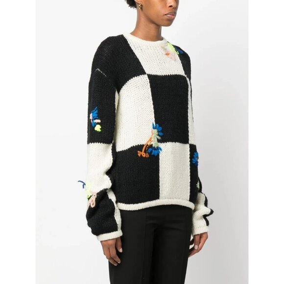 Virgin Wool Blend Sweaters - Forte Forte Black White Check Floral Sweater M